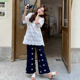法式松弛感绝美绣花套装裤女夏季2026新款巨好看上衣阔腿裤两件套