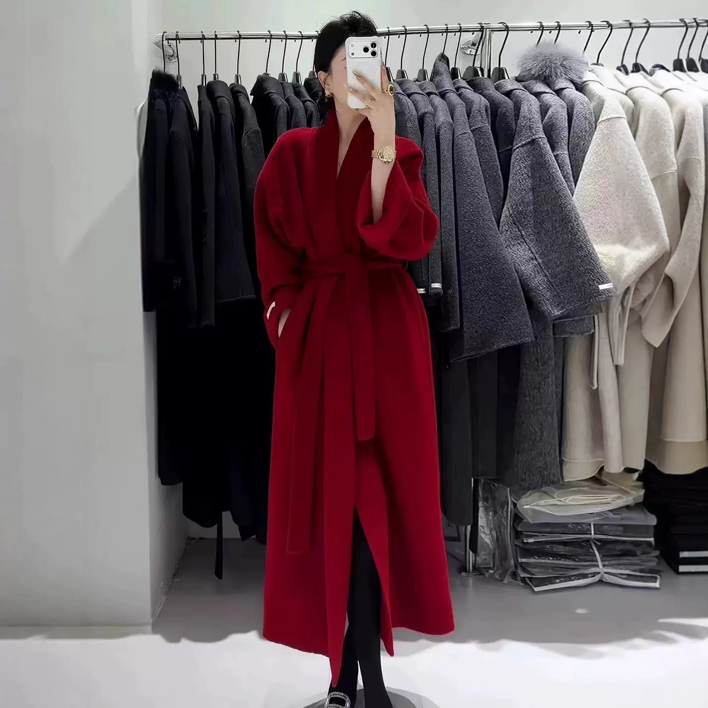 平安夜新年红色双面羊绒大衣女加长款高级感宽松系带羊毛呢外套女