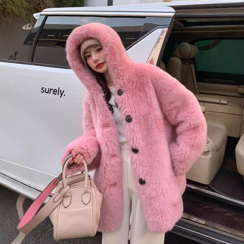 25 Winter New Style Toca Hooded Shearling Coat Mid-Length Sheepskin Fur Coat for Young Women
