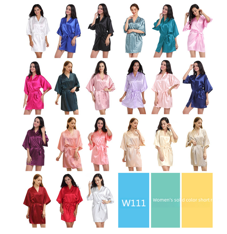 Cross-border Women's Twisted Sade Nightgown Bathrobe Solid Color Glossy Summer Thin Sexy Short Cardigan Gown_voghion.com