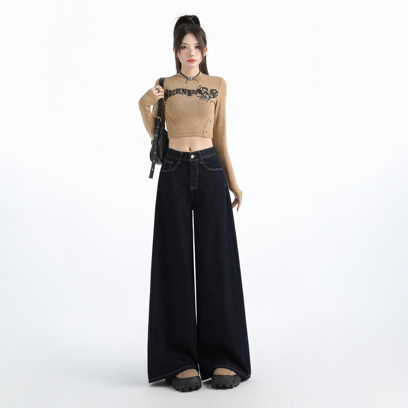 美式深蓝色高腰女式牛仔裤阔腿宽松2025年秋季新款jenas直筒长裤|undefined