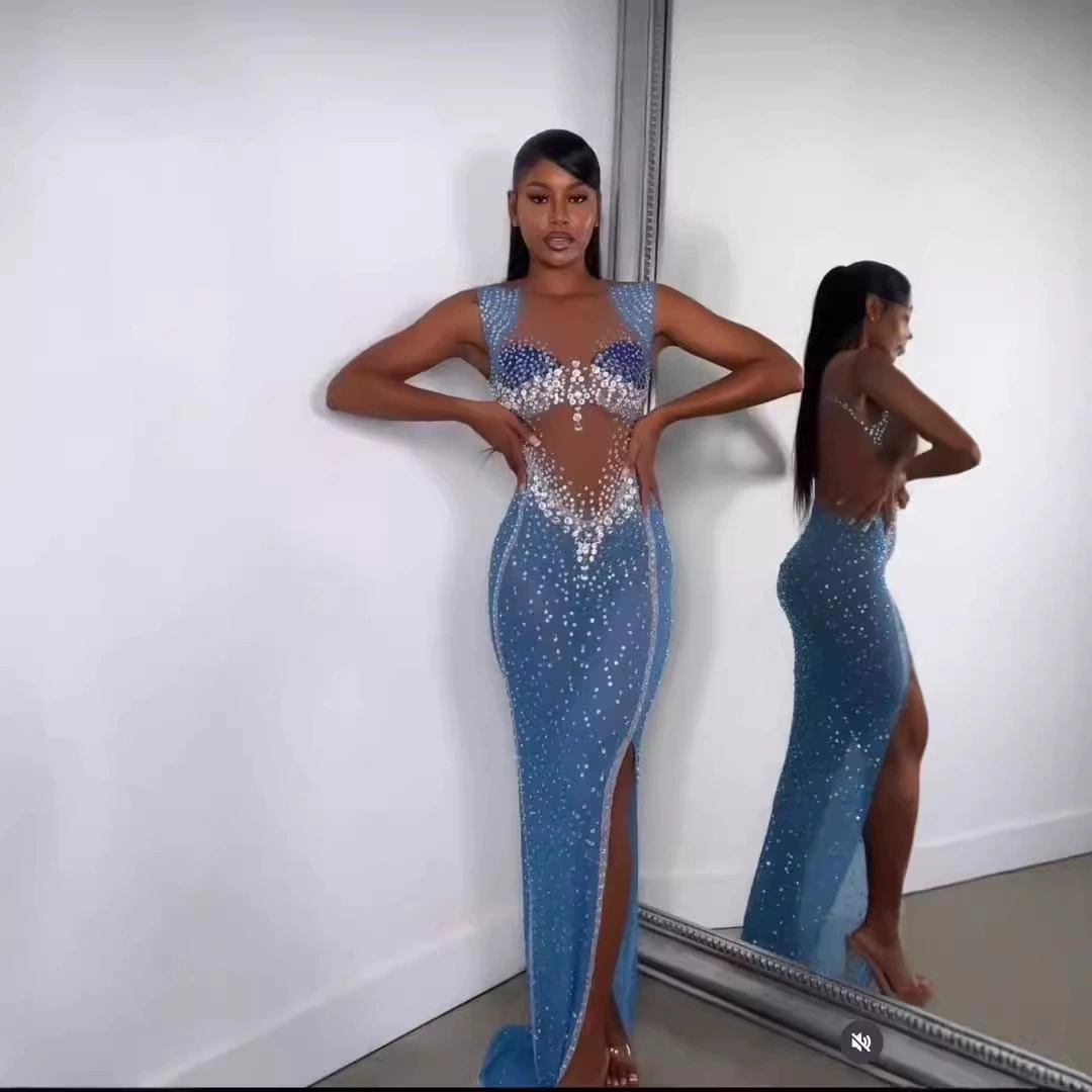 Кросс-бордерная внешнеторговая деятельность Amazon, независимая станция, высококачественное платье, эластичное, облегающее, с цветными стразами, в пол, для вечеринок