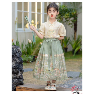 Hanfu Girl's Summer Outfit with Mamian Skirt for Older Children, New Chinese-Style Ancient Costume for Girls, Tang Suit Dress for Girls