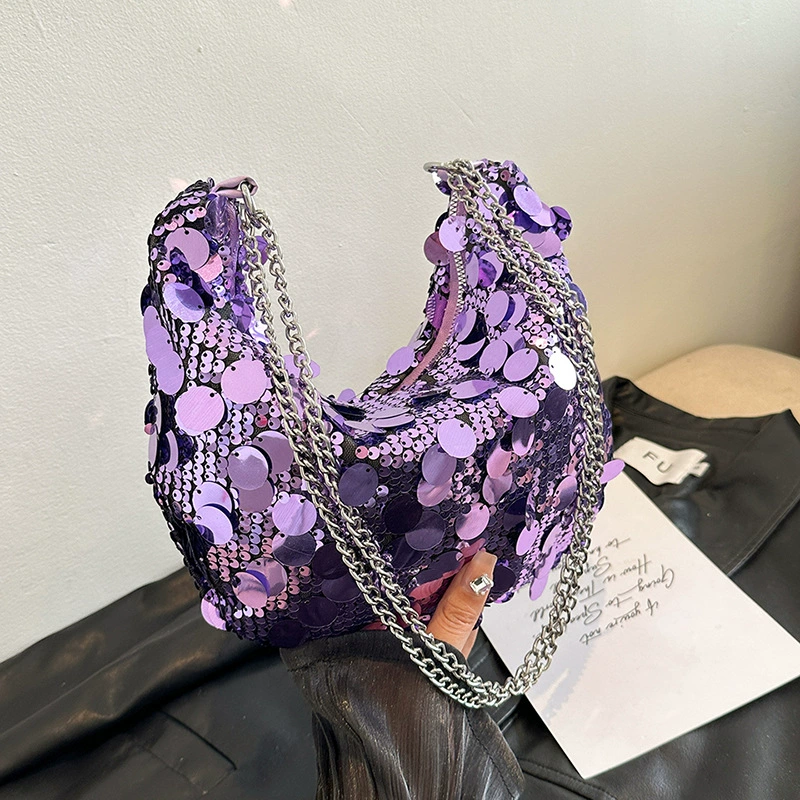 Shoulder Bag Sequin Moon Shape, Chain Strap, Metallic Sequins, 21×3×20 cm