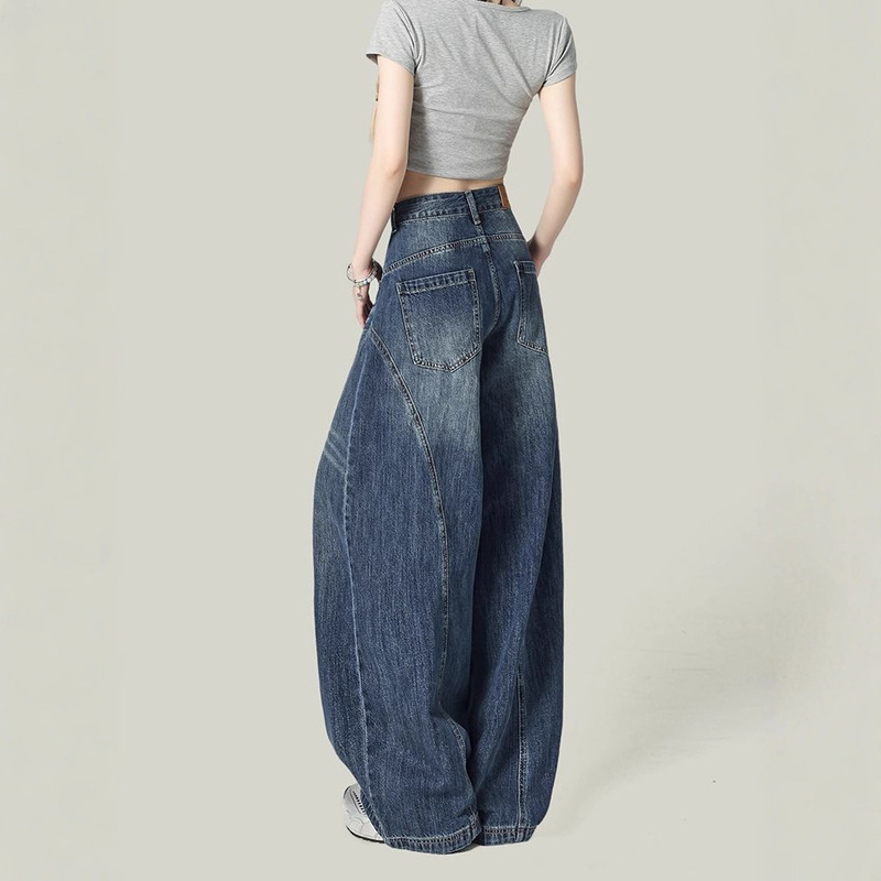 American High Street Three-Dimensional Cut Silhouette Washed Scimitar Jeans High Waist Loose Splicing Floor-Length Pants Trendy Spring and Summer