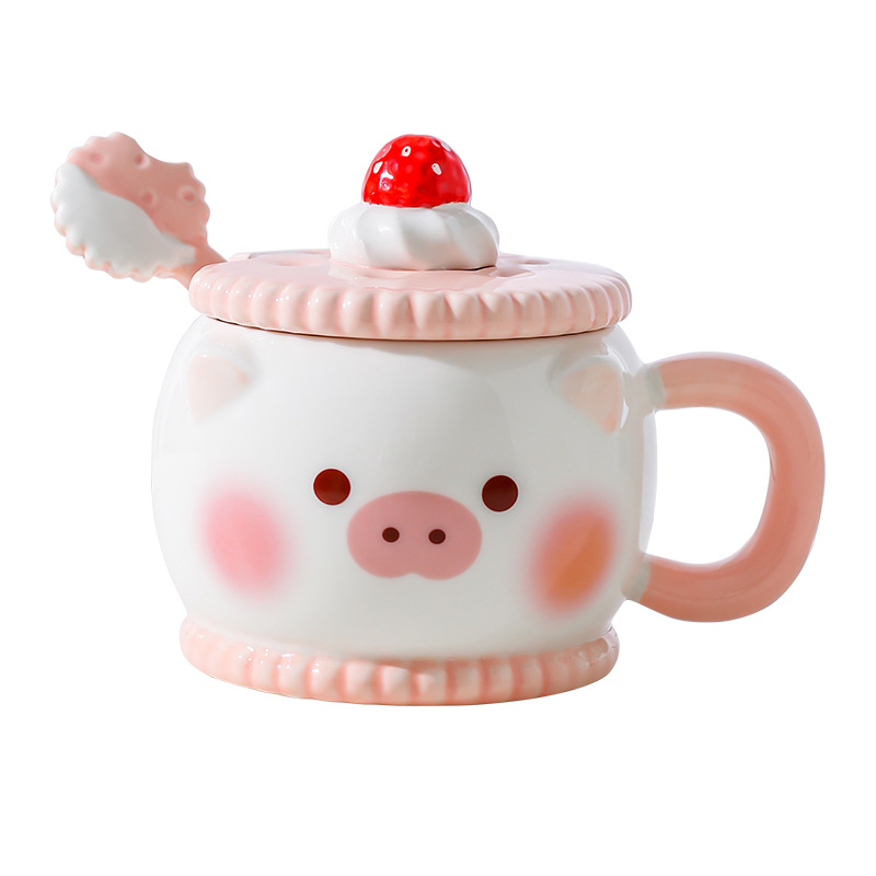 Creativa encantadora caricatura de cerámica taza de regalo rosa de corazón de niña taza de agua con cuchara de cerdo taza de gato
