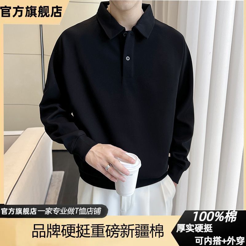 Cross-border 280G new men's heavyweight 100% quality long-sleeved polo shirt, men's top, spring and autumn solid color loose turn-down collar T-shirt