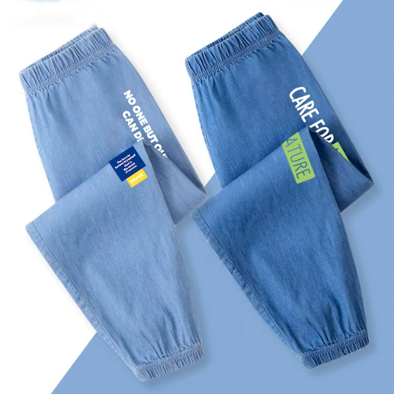 Брюки с защитой от комаров для мальчиков, новинка 2025 года, средние и большие детские джинсы из искусственного тенселя, летние тонкие детские красивые модные брюки для мужчин