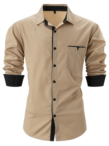 2025 Cross-border European and American-style Men's Fashion Spring/Summer Cotton Color-Block Pocket Lapel Slim-fit Casual Men's Long-sleeved Shirt