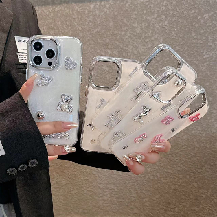 Suitable for Apple 17Promax Mobile Phone Case Iphone16 Stereo Rhinestone Bear 15 Star Glitter 14 Electroplated White