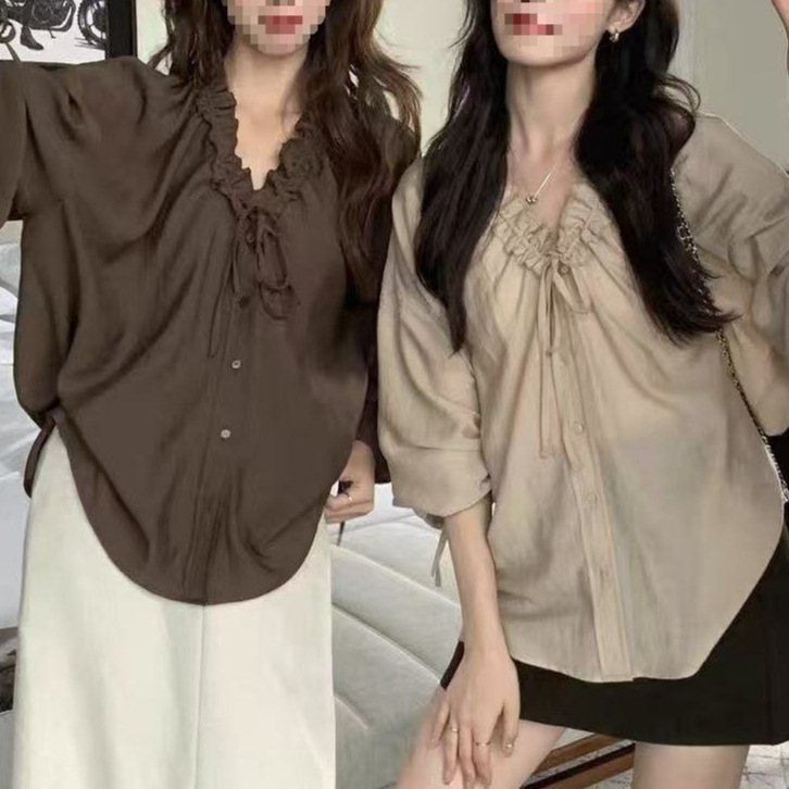 2026 Autumn Loose Thin Stylish Niche Shirt Long-Sleeve Regular Fit Korean Style Dark Brown Khaki Color 2026 Autumn Loose Thin Stylish Niche Shirt Long-Sleeve Regular Fit Korean Style Dark Brown Khaki Color