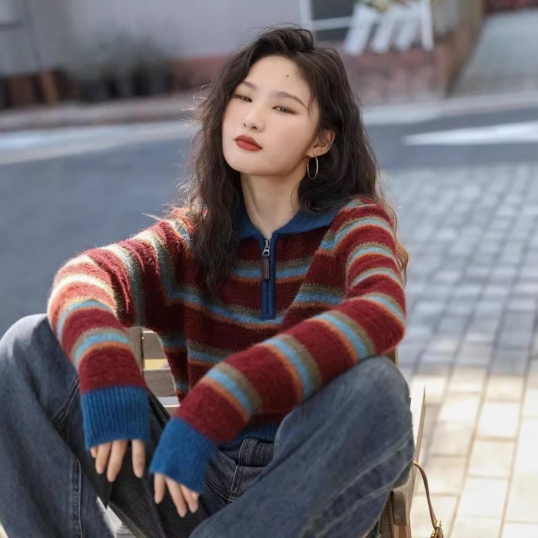 Retro rainbow woolen cardigan with zipper