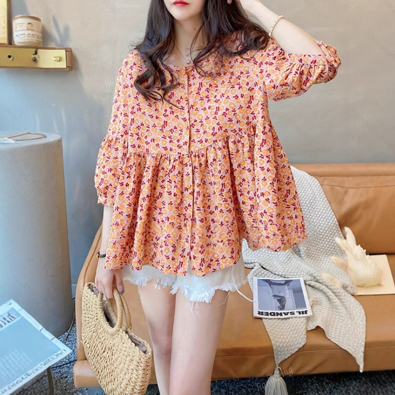 Babydoll Top 2025 Summer Korean Style Loose Round Neck Sweet Lantern Sleeve Fluffy Floral Versatile Shirt for Women Babydoll Top 2025 Summer Korean Style Loose Round Neck Sweet Lantern Sleeve Fluffy Floral Versatile Shirt for Women