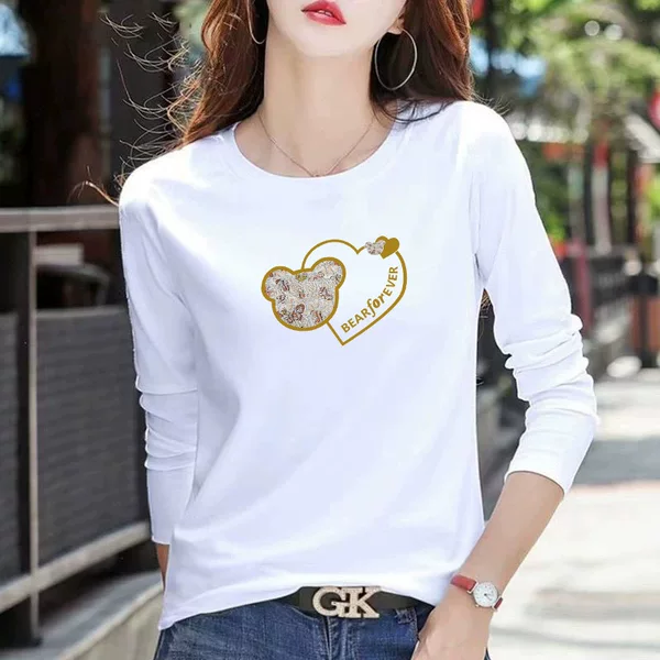 Pure Cotton Long-Sleeved T-Shirt for Women in Spring and Autum New Slim Fit Versatile Casual White T-Shirt Bottoming Shirt for Women Pure Cotton