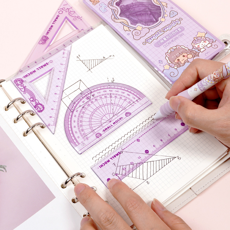 Set of multi-functional geometric drawing triangle rulers and protractors, specifically designed for primary school students, including small mochi rulers