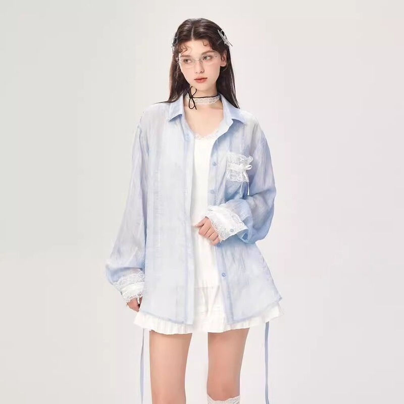 韩系设计感蕾丝拼接衬衫外套女夏季薄款宽松休闲防晒衬衣外搭上衣|undefined