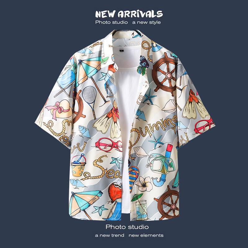 Camisas de manga corta estilo Hong Kong para hombres y mujeres, camisas florales de manga tres cuartos holgadas y delgadas de verano para playa hawaiana