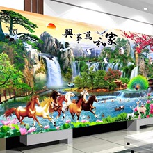 2025新款钻石画满钻客厅流水生财风景山水画马到成功贴钻十字绣鹿
