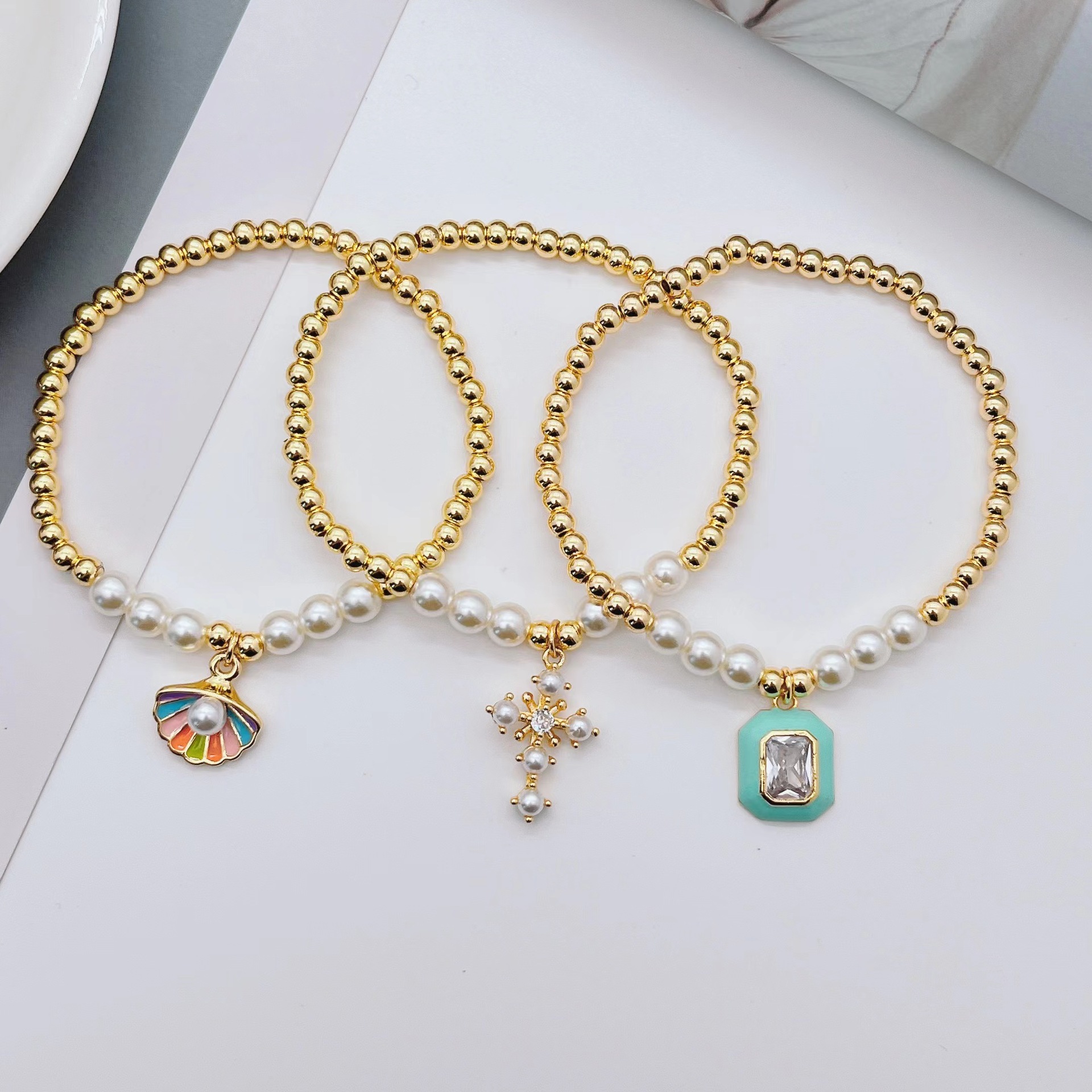 Fashion Cross Imitation Pearl Copper Inlay Artificial Pearls Zircon Bracelets 1 Piece