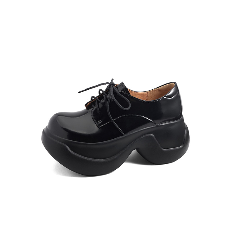 Giày loafer nữ đế xuồng platform cao 8 cm, dây buộc, da thật mùa thu 2025 — màu đen, màu trắng ngà