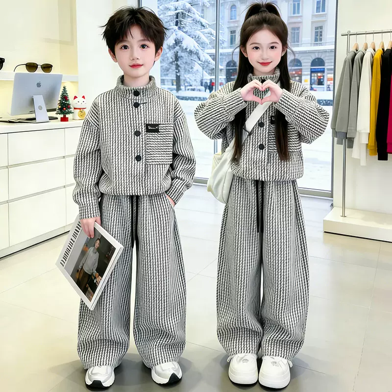 女童套装春装2026新款洋气女孩立领儿童阔腿裤中大童两件套