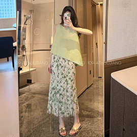 三宅流苏半身裙印花压褶碎花褶皱半裙高腰时尚显瘦度假风裙子女