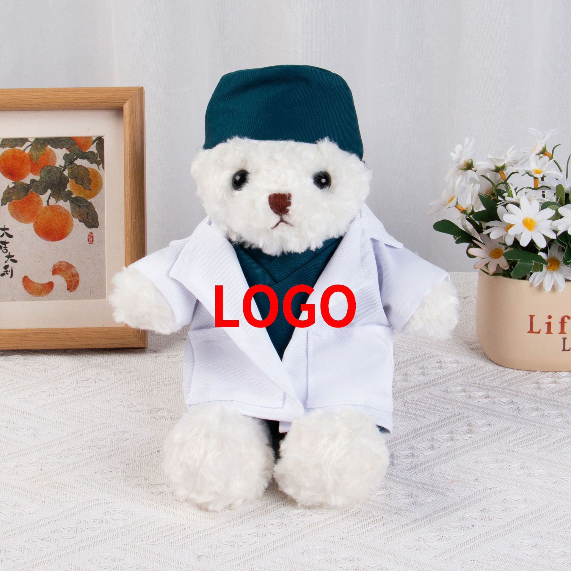 Graduado médico oso muñeca chaqueta blanca uniformes de enfermería muñeca oso regalos de actividad logotipo imprimible juguetes de peluche