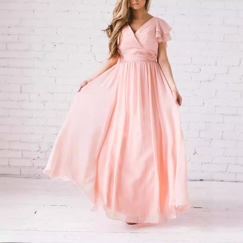 Cross-Border Amazon New Dress European and American Style V-Neck Mesh Maxi Dress Fairy-Like Slimming Bridesmaid Dress