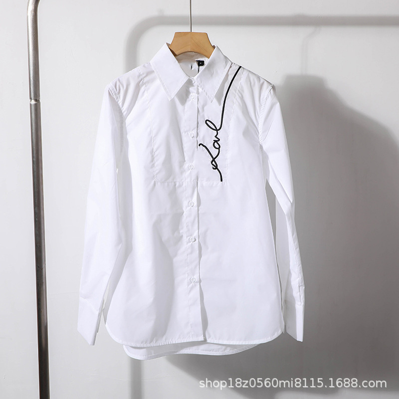 American K'Er~Women's Spring and Autumn Commuting Lapel Letter Embroidery Side Placket Cotton Long-Sleeved Shirt 2077 American K'Er~Women's Spring and Autumn Commuting Lapel Letter Embroidery Side Placket Cotton Long-Sleeved Shirt 2077