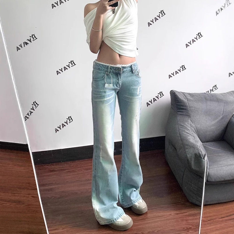 Retro Washed Light-Colored Bootcut Jeans for Women Spring and Summer New Lace Splicing Low-Waist Loose Non-Leg-Hugging Bell-Bottom Pants