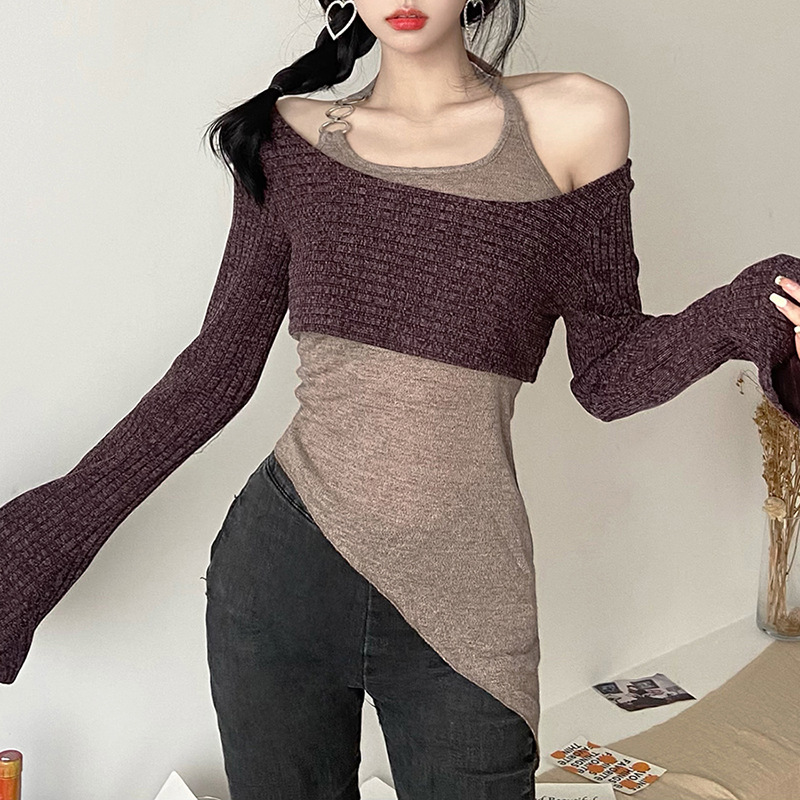 Damen Strickpullover Grau Vintage Harajuku Stil Langarm Shirt_voghion.com