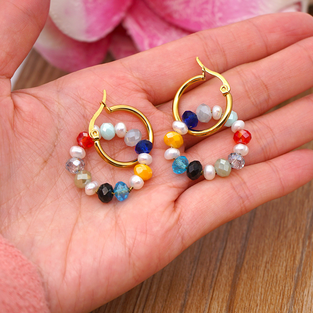 Bohemian Style Pearl Crystal Hoop Earrings display picture 1