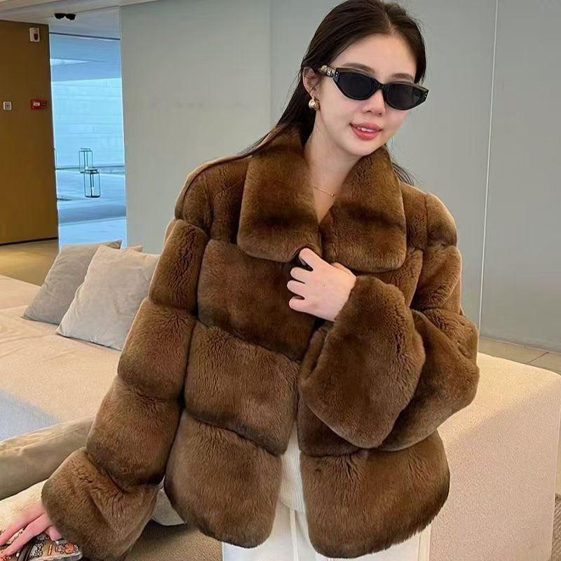 Winter Haining New Popular Imported Real Rex Rabbit Fur Short Square Collar Thickeneded Chinchilla Fur Lapel Outwear Jacket
