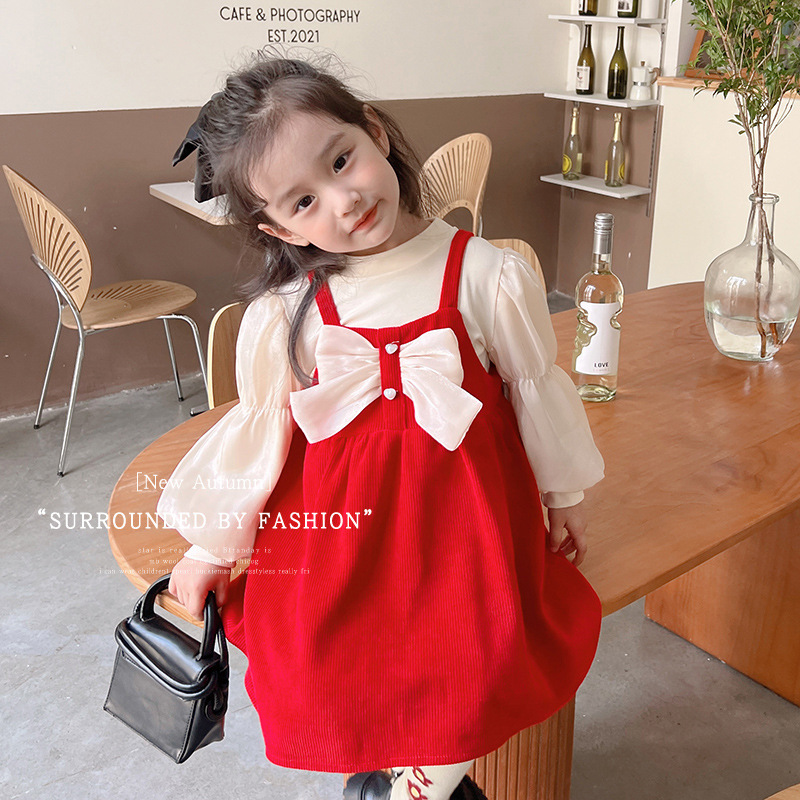 2022新品女小童珠光袖吊带裙套装学院风女童大蝴蝶泡泡袖连衣裙|ru