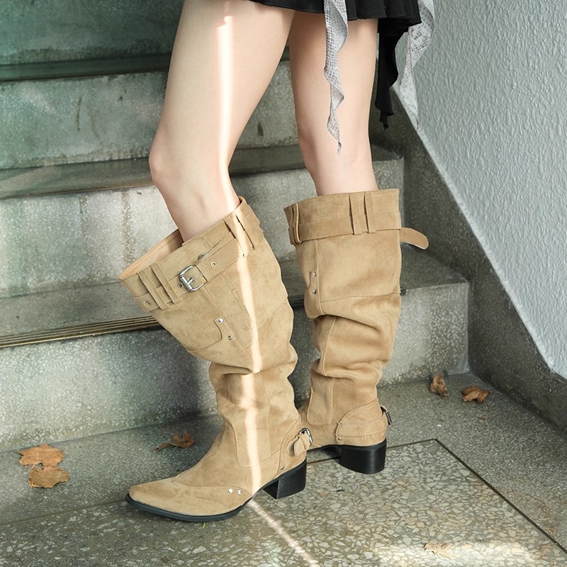 Pointed Toe Thick Heel High Boots Belt Buckle Over-The-Knee Boots 2025 Summer and Autumn New Trendy Slimming Slouch Boots for Women