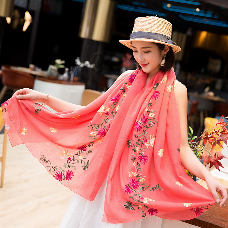复古民族风围巾女 云南棉麻刺绣超大围脖 夏季旅游防晒披肩沙滩巾