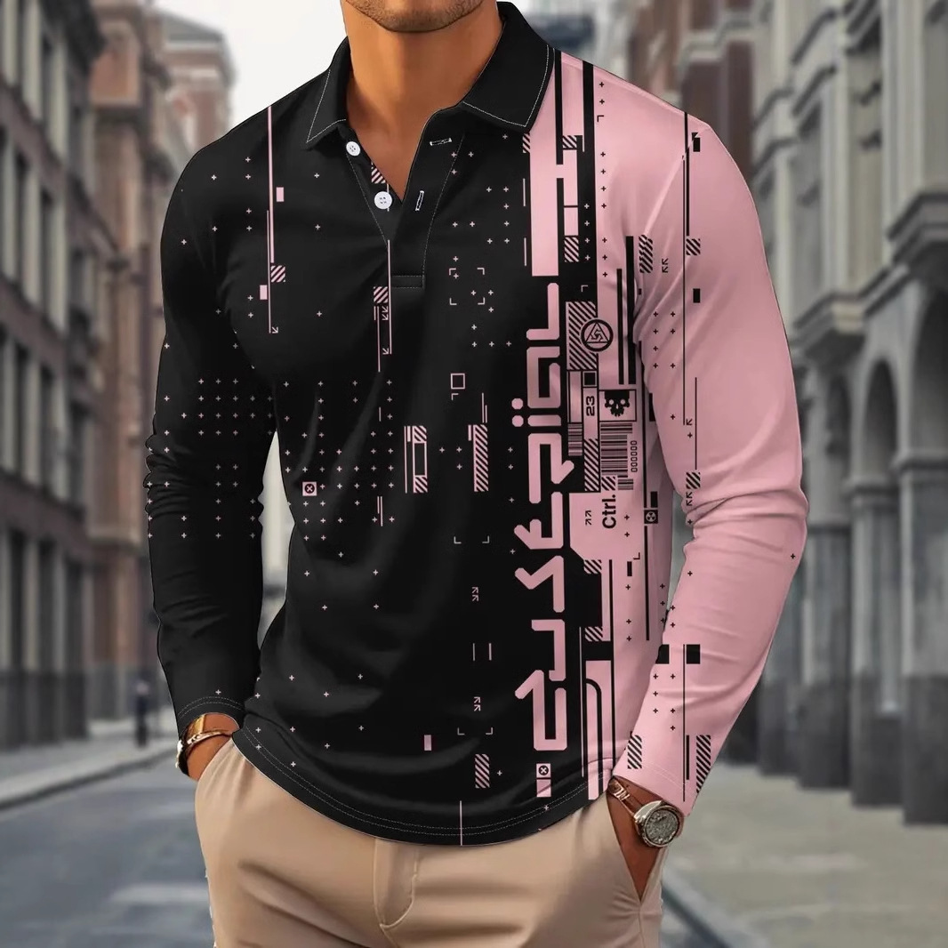 Tecnología geométrica patrón de color de contraste 3D impresión digital para hombres primavera y otoño suelta transpirable manga larga botones cuello POLO camisa