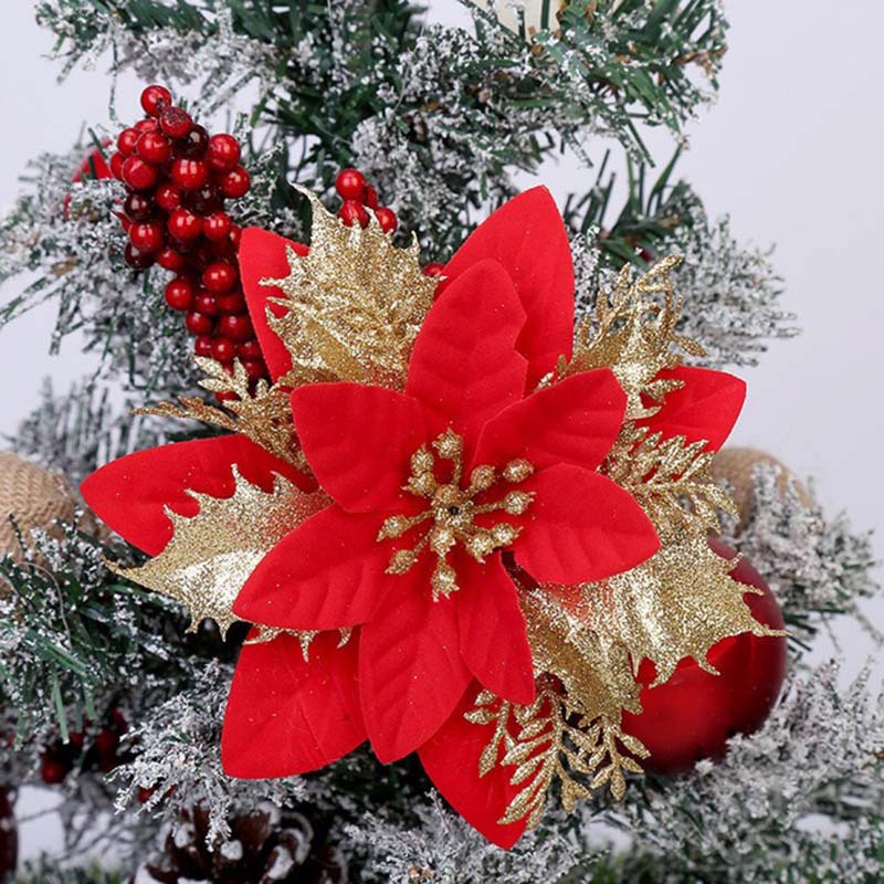 Flor Artificial de Navidad Rosa Dorado de Doble Capa - Adorno para Árbol, Guirnalda y Decoración al por Mayor