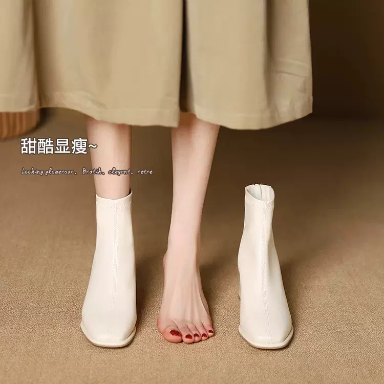 2025春秋款马丁靴女高跟方头小短靴小众粗跟设计感法式瘦瘦靴子