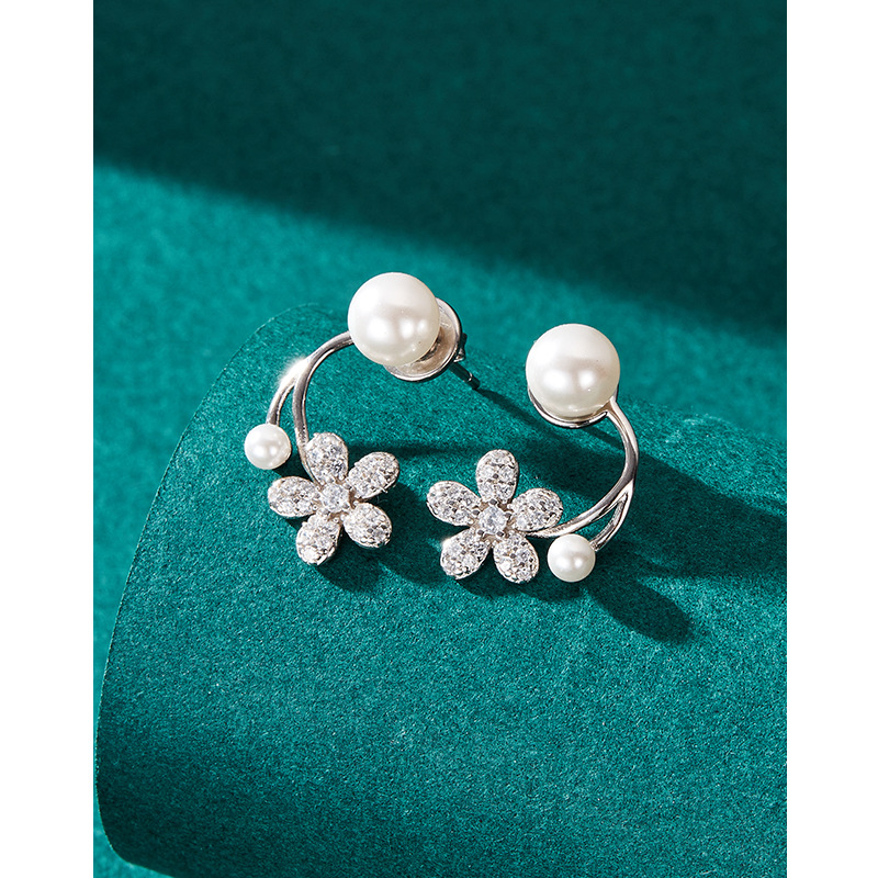 S925 plata esterlina flor perla pendientes mujeres moda simple nicho diseño de alto grado pendientes uno de dos piezas pendientes