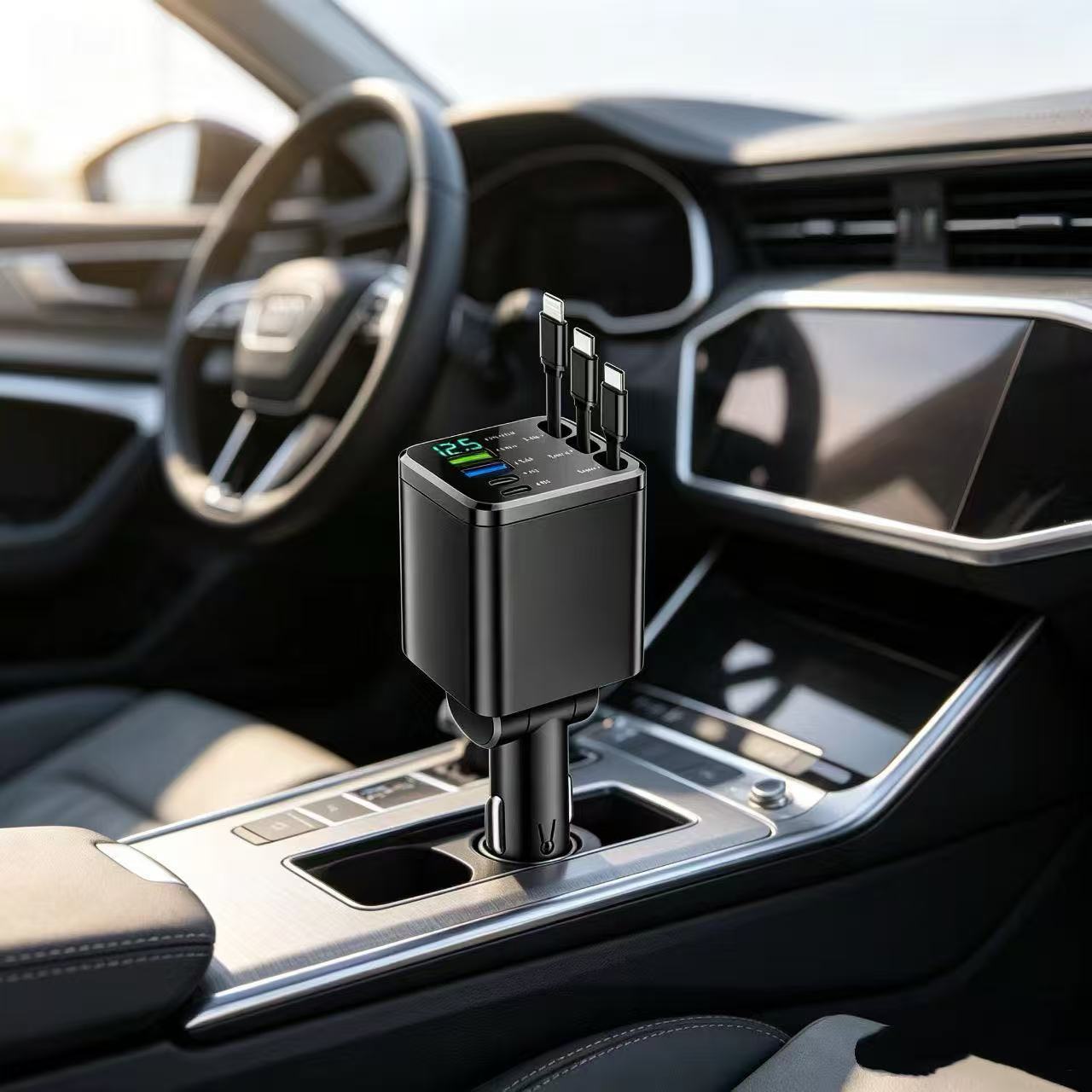 New cross-border car-mounted starry sky ceiling multi-head phone charger, 7-in-1 retractable cable, multifunctional high-end car charger