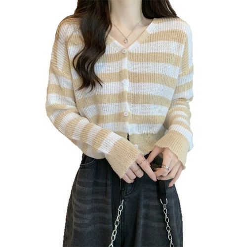 Korean chic autumn small-town lazy style V-neck loose single-breasted buttonhole sheer transparent long-sleeved short-knit sweater for women