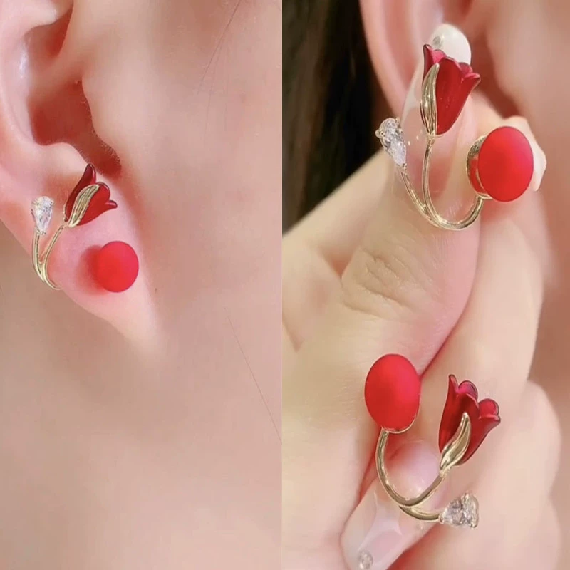 Серебряная игла, красные элегантные серьги из жемчуга, образец серебра 925, стиль легкой роскоши, цветочные мотивы, 2022
