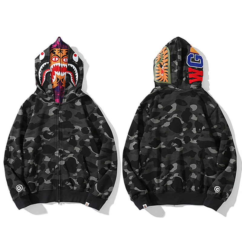 猿人APE サメと虎の頭刺繍入り迷彩柄ダブルハットスウェットシャツ メンズ ゆったりカーディガン ジップアップフード付きジャケット 夜光