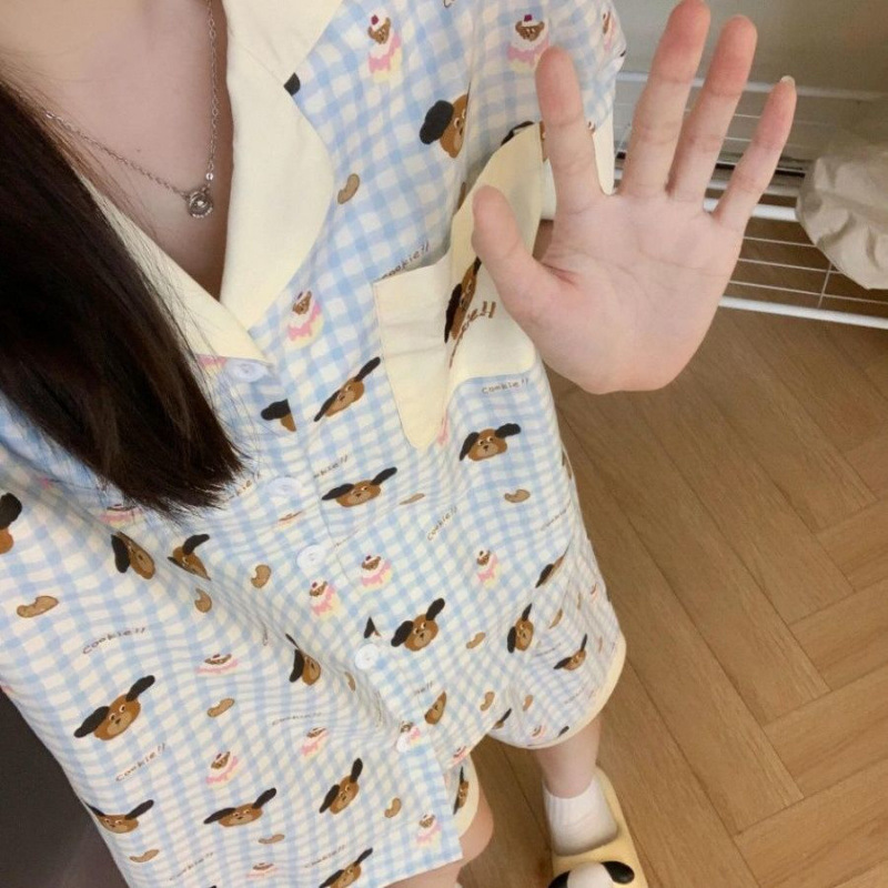 7997 체크무늬 강아지[반팔반바지]슈트