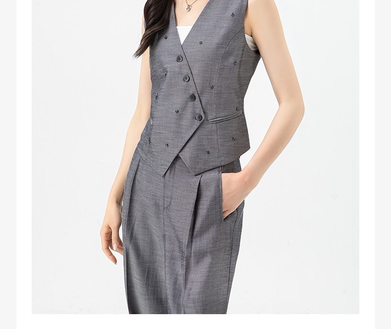 Bộ vest nữ phong cách tiền cũ Xinge áo vest gile quần ống rộng vải lanh Tencel mỏng mùa hè — Vest xám (65473) chi tiết 4