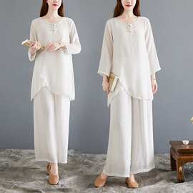 禅舞服装女套装中风禅意仙女飘逸白色茶服禅服大码两件套代发棉