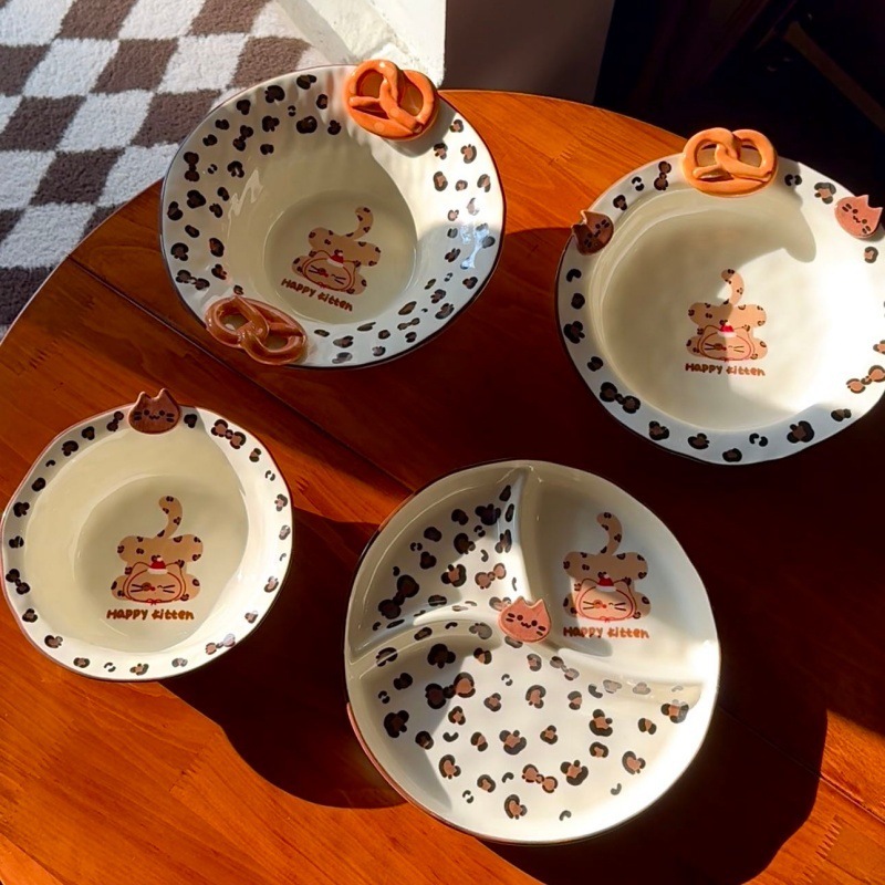 Leopard Print Hand-Kneaded Bowl, High-Looking Household Rice Bowl, Underglaze Color Ceramic Tableware Set, Rice Bowl Plate, Ceramic Bowl and Dish Plate