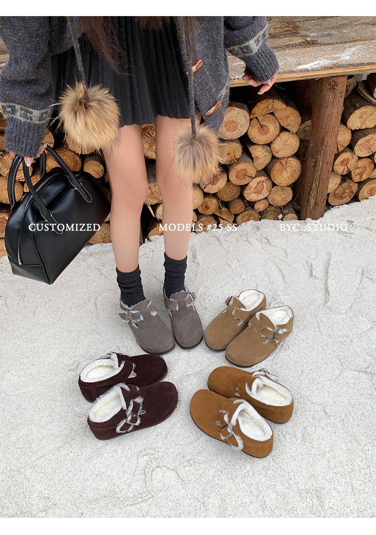 Dép lông Birkenstock da thật nữ đế dày, mũi kín lông cừu, có khóa thắt lưng, tăng chiều cao bên trong — cà phê nâu chi tiết 26