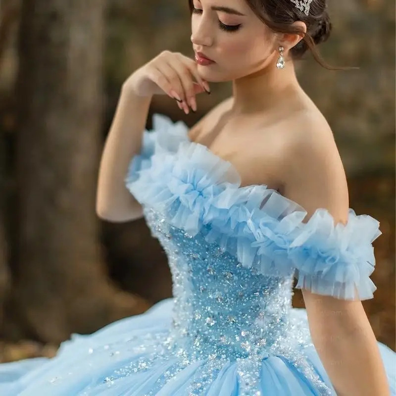 Vestido de boda azul ligero, vestido de noche de hombro, vestido de princesa de fiesta de cumpleaños, temperamento de alta calidad, vestido largo